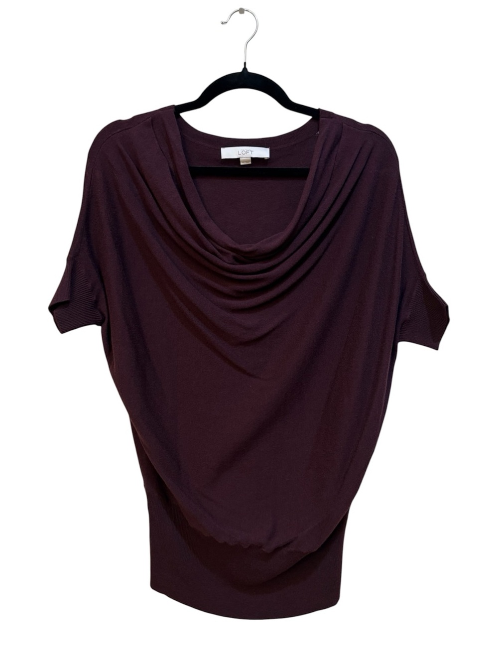 LOFT Draped Cowl Neck Short Sleeve Knit Top in Plum/Burgundy